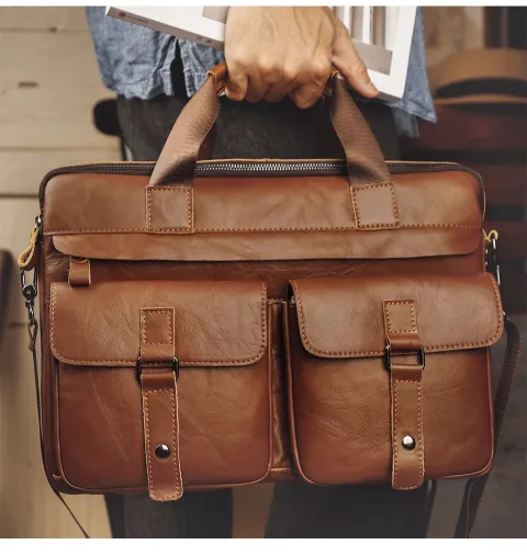 Genuine Leather Business Men's Briefcase –  Cowhide Laptop Bag with Shoulder Strap